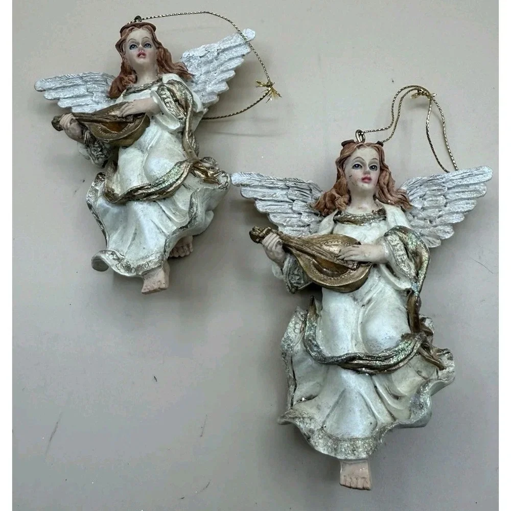 Set Of Two Christmas Angels Playing The Mandolin Vtg Ornaments Holiday Lot